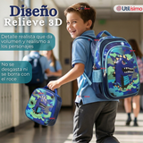 Mochila Escolar + Estuche + Lonchera 40cm Tela Oxford Azul Dinosaurio 3D Niño