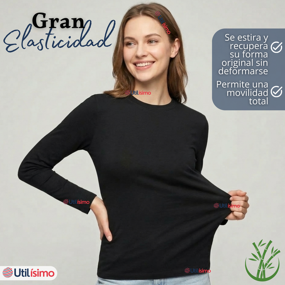 Pack 6 Camisetas Poleras Bambú Primera Capa Negro Manga Larga Mujer