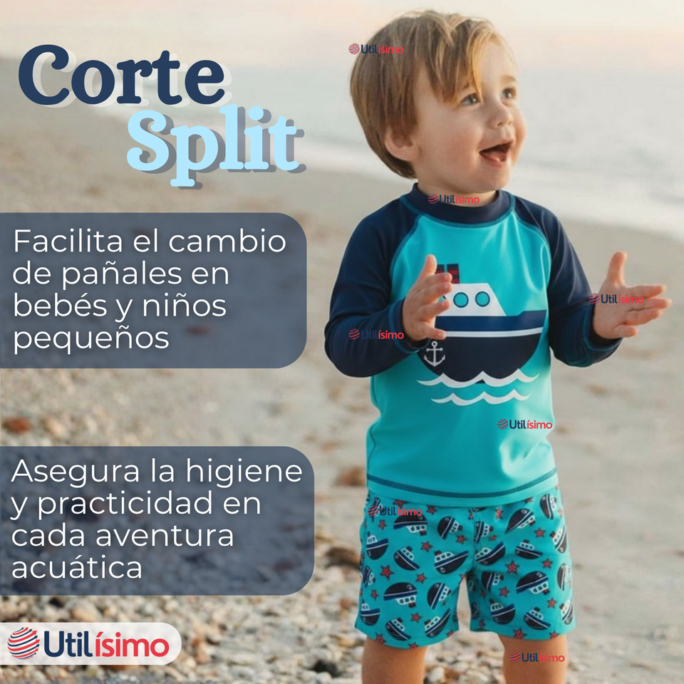 Traje de Baño Manga Larga Pantalón Corto 2 Piezas Corte Split Niño 3 a 9 años Blue Boat