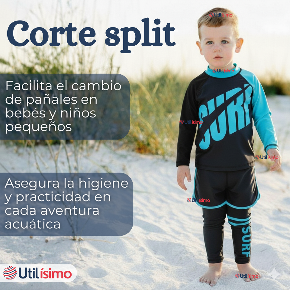 Traje de Baño Manga Larga Pantalón Largo Pantalón Corto 3 Piezas Corte Split Niño 3 a 11 años Black Surf