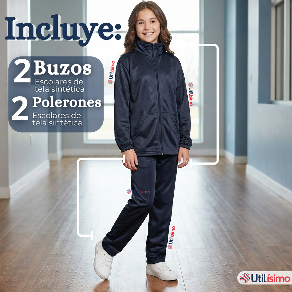 Pack 2 Conjuntos Escolares Buzo Pantalón Y Polerón Tela Sintética Unisex Niños Azul 3 a 16 años