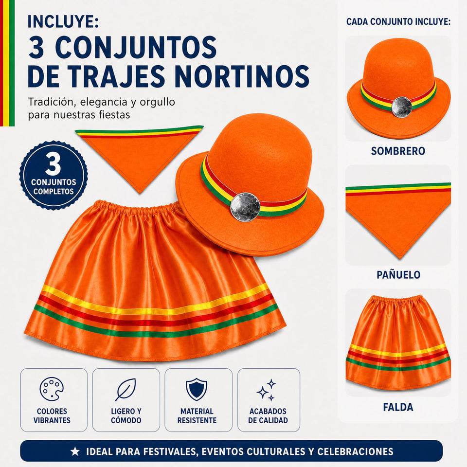Pack 3 Trajes Nortinos Niña 3 piezas Naranja Baile Típico Fiestas Patrias