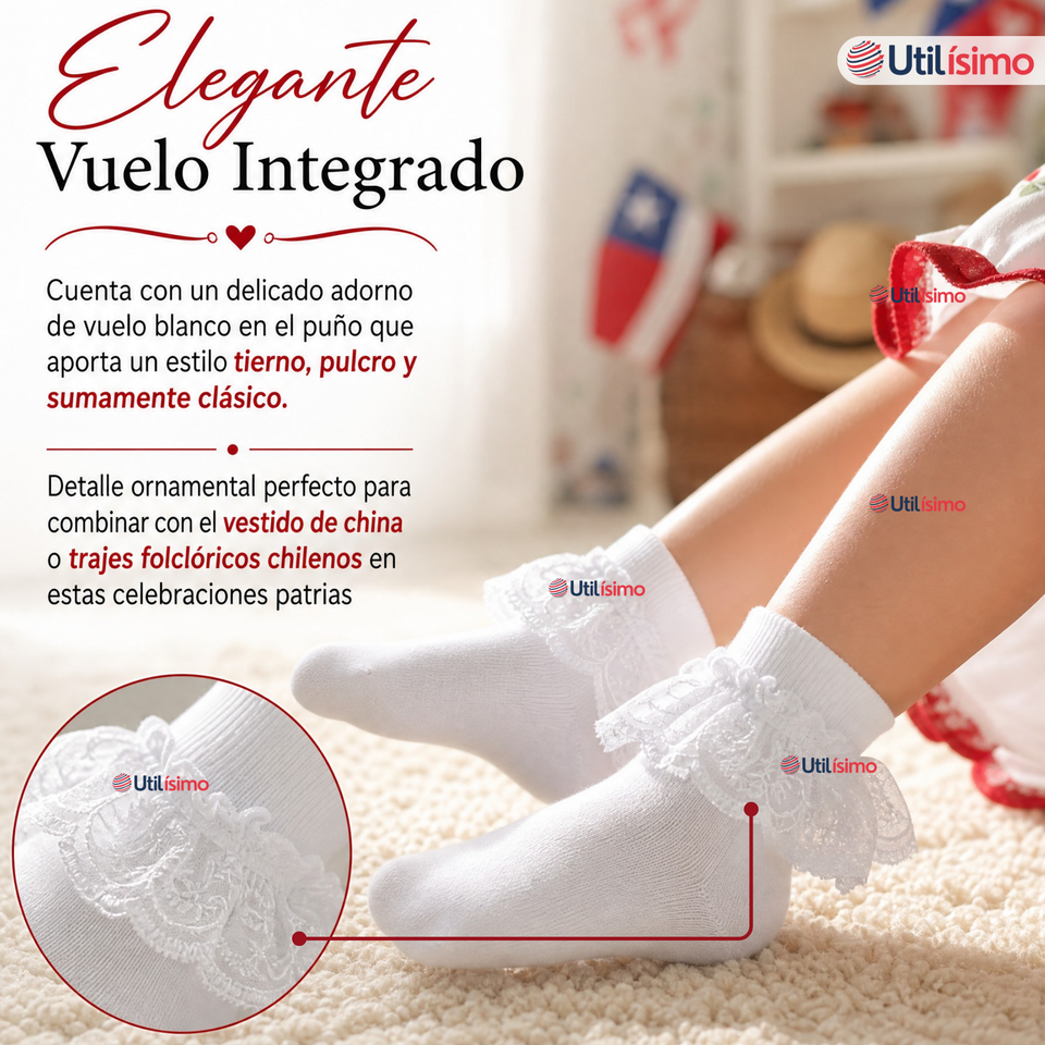1 Par Calcetines Encaje Vuelos Niña Algodón Fiestas Patrias