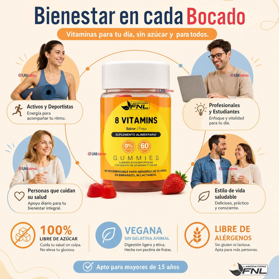 8 Vitamins Gummies 60 Gomitas Sabor Fresa FNL