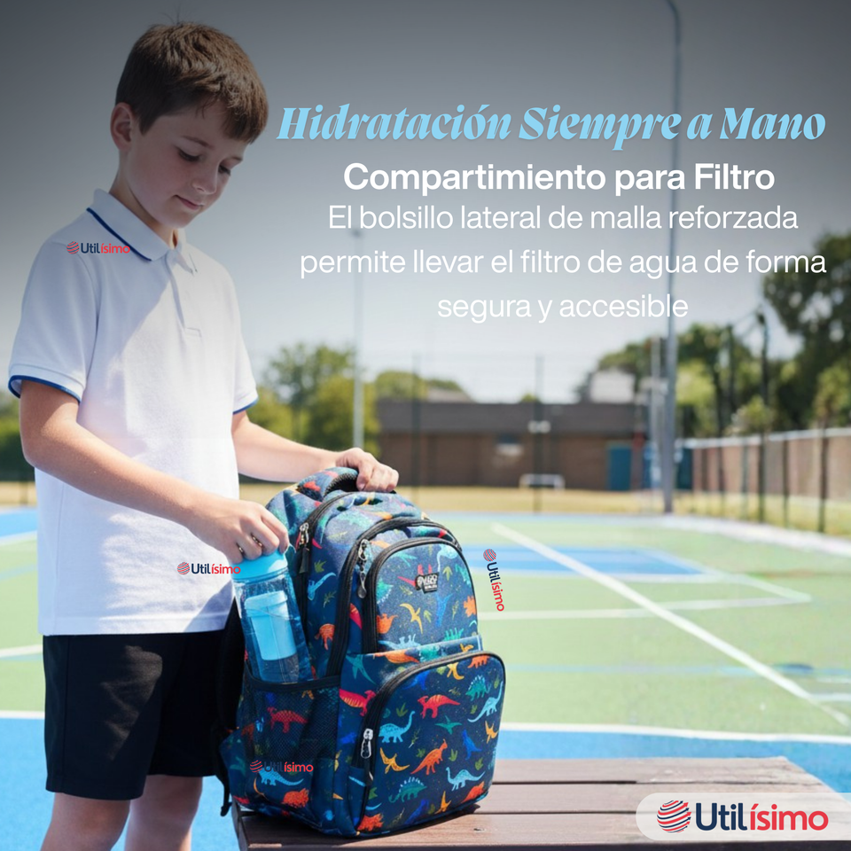Mochila Bolso Escolar + Lonchera + Estuche 45Cm Niño Tela Oxford Dinosaur