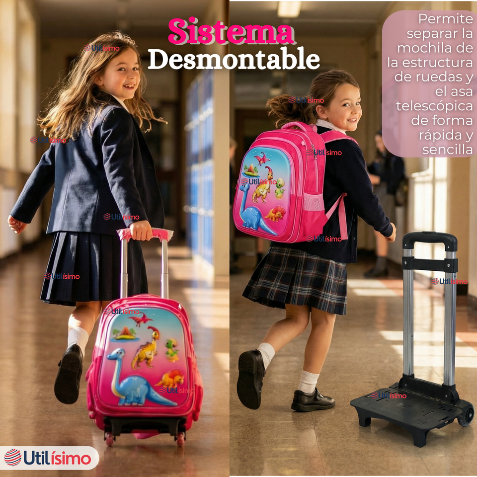 Mochila Escolar Con Ruedas + Estuche + Lonchera 46cm Desmontable Poliéster Rosa Dinosaurio Niña