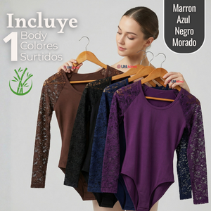 Body Cuello Redondo Manga Larga Con Encaje Bambú Mujer Colores Surtidos