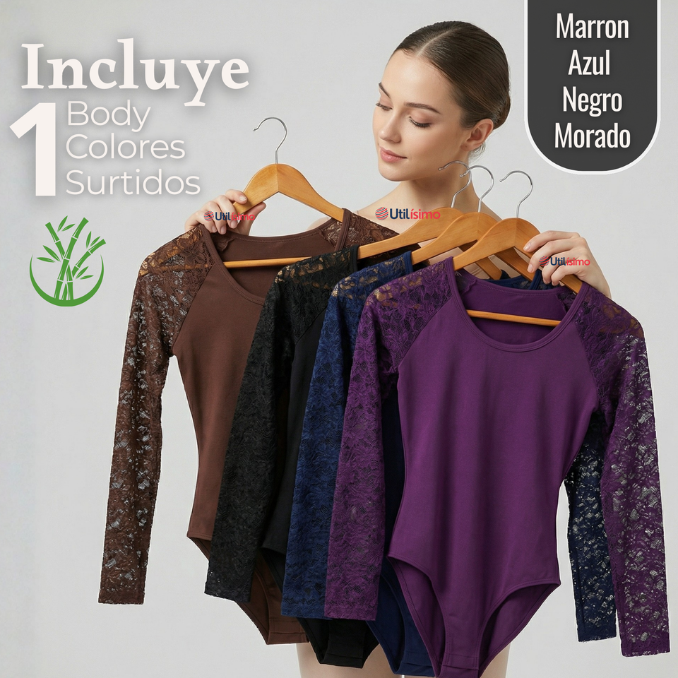 Body Cuello Redondo Manga Larga Con Encaje Bambú Mujer Colores Surtidos