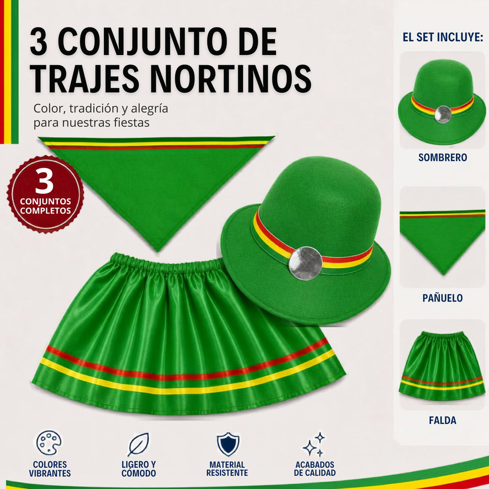 Pack 3 Trajes Nortinos Niña 3 piezas Verde Baile Típico Fiestas Patrias