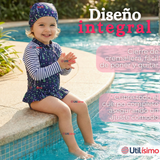 Traje de Baño Enterito Cremallera Manga Larga Con Gorro Niña 1 a 8 años Blue Flowers