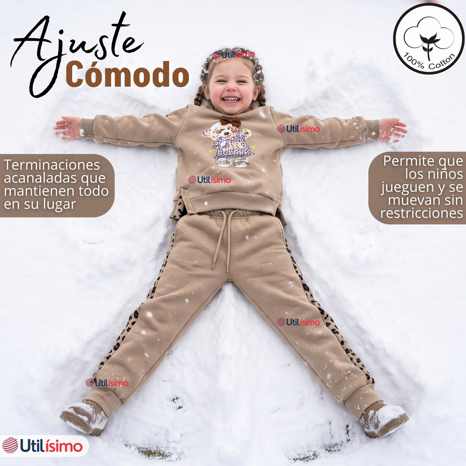 Conjunto 2 Piezas Buzo Pantalón Y Polerón Beige Osito Niña