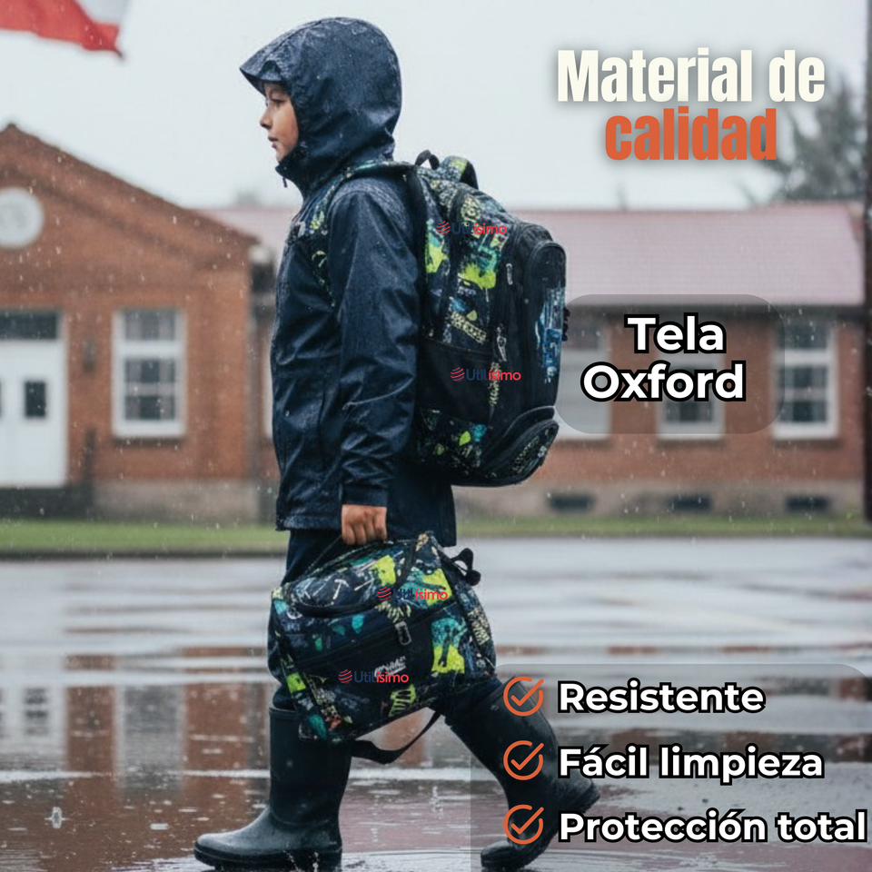 Mochila Escolar Kit Con Estuche y Lonchera 43cm Tela Oxford Rock Star Niño