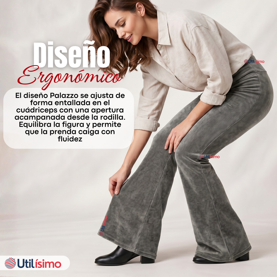 Pantalón Cotelé Palazzo Polar Con Chiporro Elasticado Térmico Gris Melange