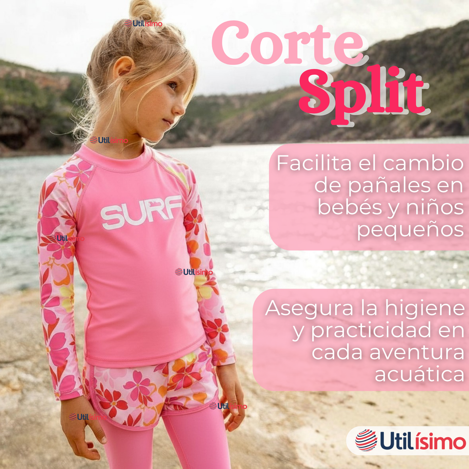 Traje de Baño Manga Larga Pantalón Largo Pantalón Corto 3 Piezas Corte Split Niña 3 a 11 años Pink Flowers