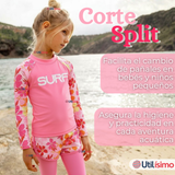Traje de Baño Manga Larga Pantalón Largo Pantalón Corto 3 Piezas Corte Split Niña 3 a 11 años Pink Flowers