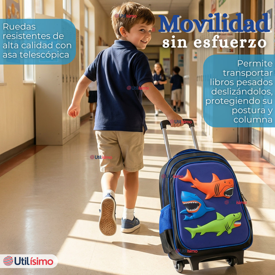 Mochila Escolar Con Ruedas + Estuche + Lonchera 46cm Desmontable Poliéster Azul Tiburón Niño