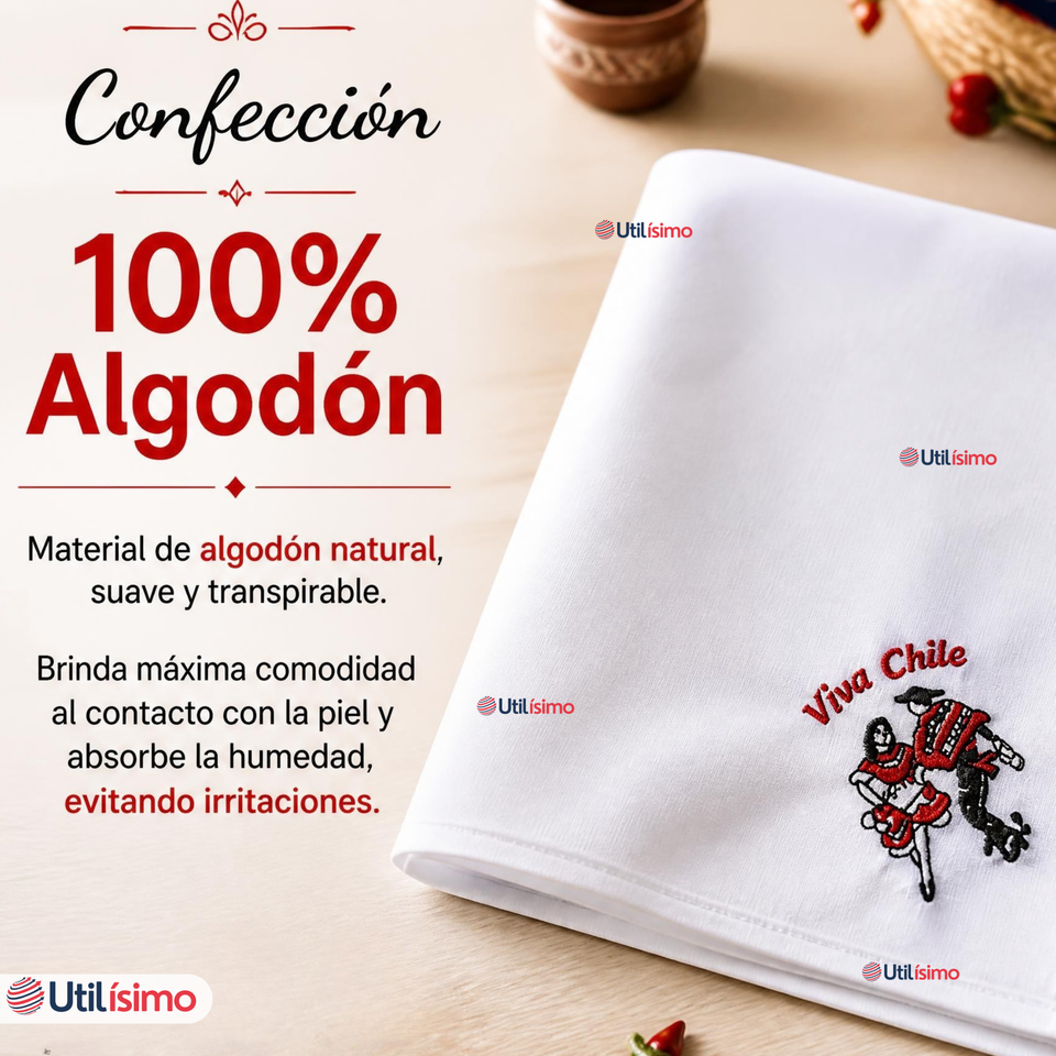 Pack 3 Pañuelos Baile Cueca 45cm Diseños Surtidos Algodón Fiestas Patrias
