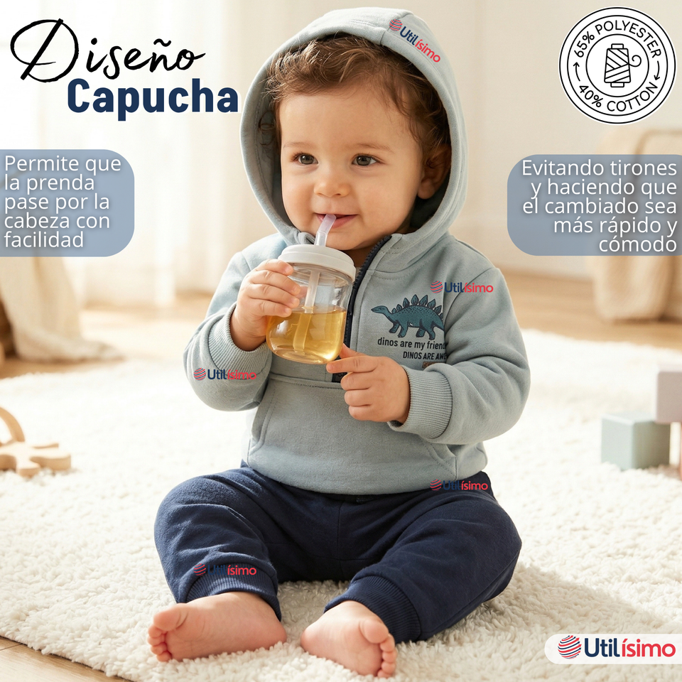 Conjunto 2 Piezas Buzo Pantalón Y Polerón Con Capucha Azul Dinosaurio Bebé Niño