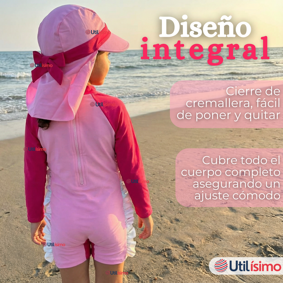 Traje de Baño Enterito Cremallera Manga Larga Con Gorro Niña 1 a 5 años Pink Unicorn