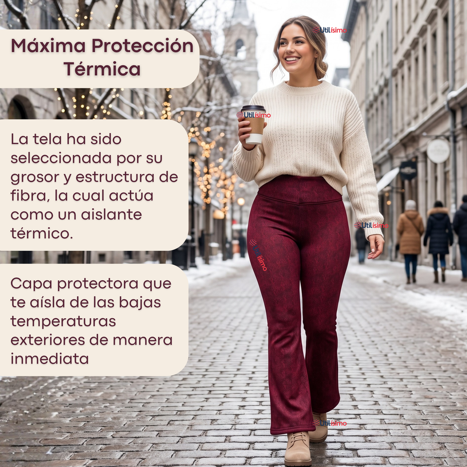 Calza Polar Con Chiporro Palazzo Mujer Elasticada Térmica Burdeo Jeans