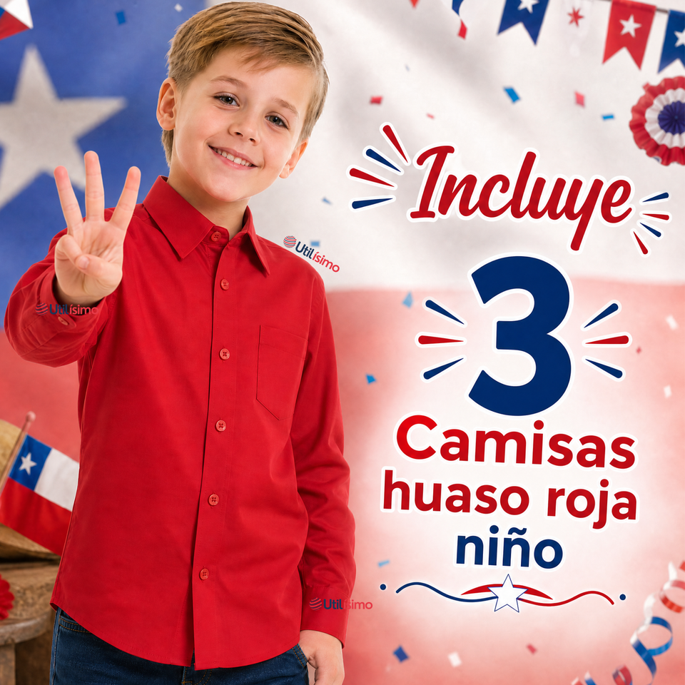 Pack 3 Camisas Huaso Niño Algodón Rojo Fiestas Patrias Traje Típico