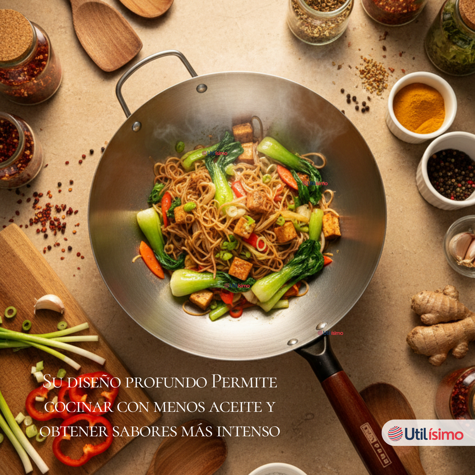 Sartén Wok De Hierro Concavo Con Mango 34cm Plateado