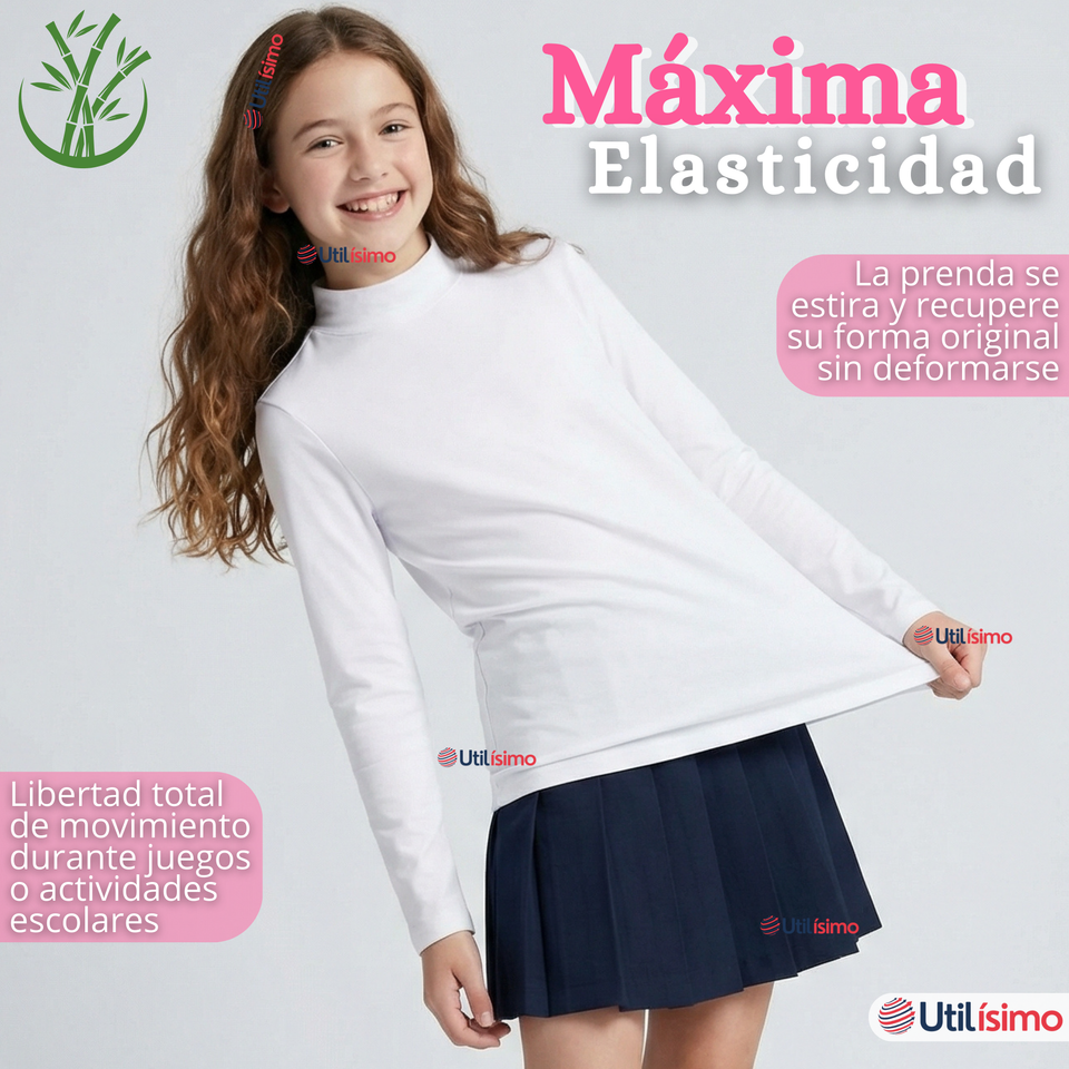 Pack 3 Poleras Camisetas Bambú Blancas Cuello Beatle Primera Capa Manga Larga Niña