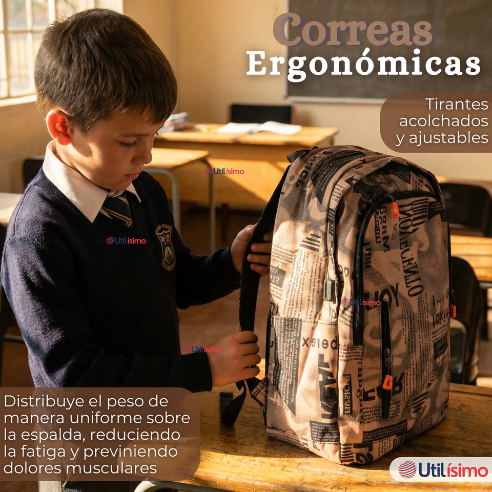 Mochila Escolar + Estuche + Lonchera 49cm Tela Oxford Cafe Claro Niño
