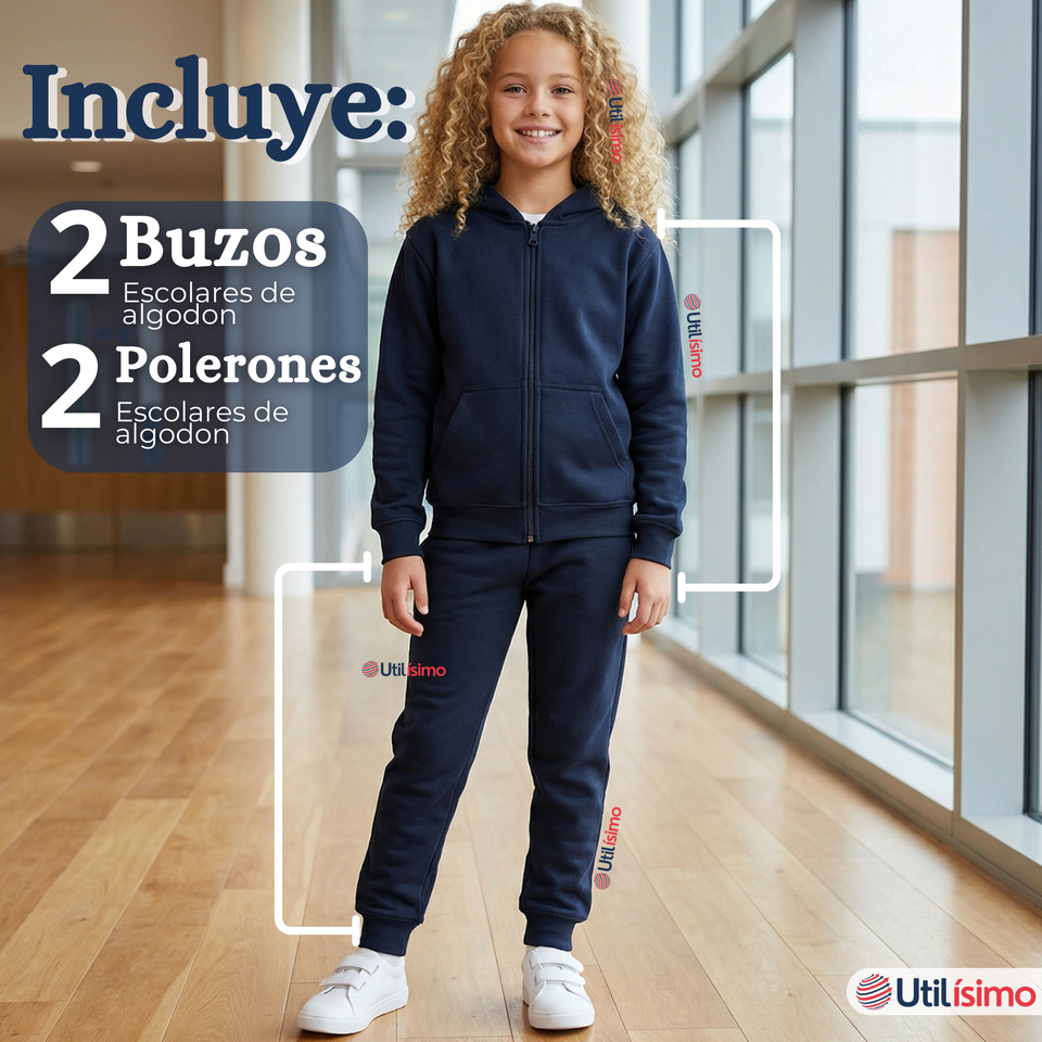 Pack 2 Conjuntos Escolares Buzo Pantalón Y Polerón 100% Algodón Unisex Azul 3 a 16 años