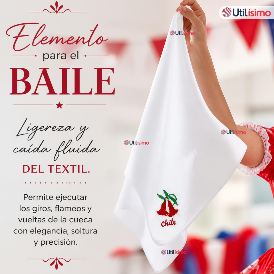 Pack 3 Pañuelos Baile Cueca 36cm Bordado Flor Copihue Algodón Fiestas Patrias