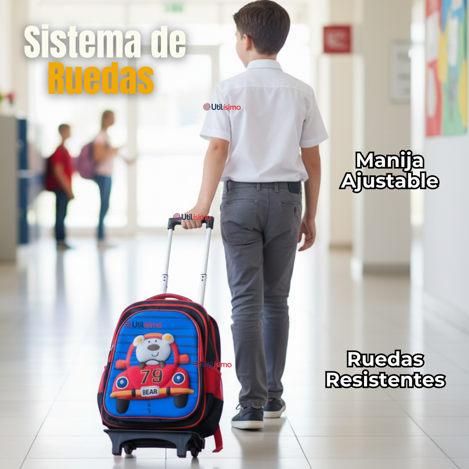 Mochila Escolar Con Ruedas + Estuche + Lonchera Poliéster Oso Niño