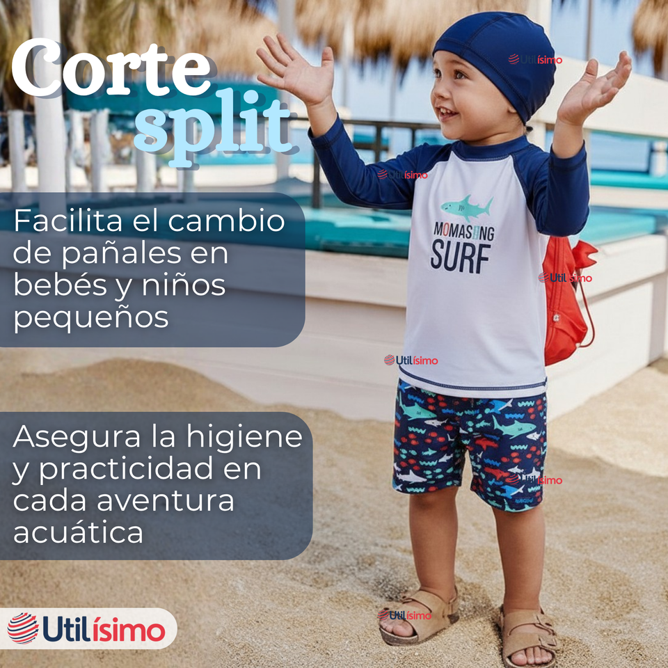 Traje de Baño Con Gorro Pantalón Corto Manga Larga 3 Piezas Corte Split Niño 3 a 9 años Blue Surf