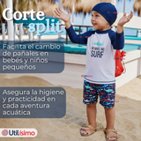 Traje de Baño Con Gorro Pantalón Corto Manga Larga 3 Piezas Corte Split Niño 3 a 9 años Blue Surf