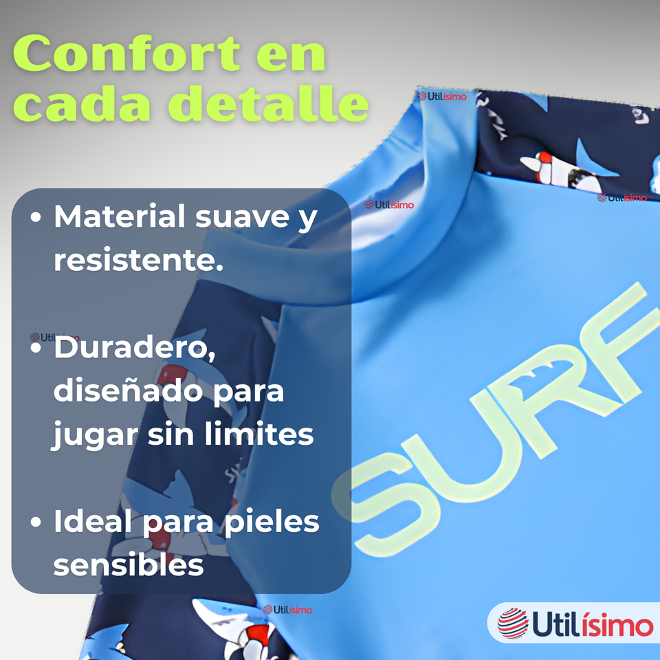 Traje De Baño Manga Larga Con Pantalón Largo y Pantalón Corto Niño de 3 a 11 Años Blue Surf
