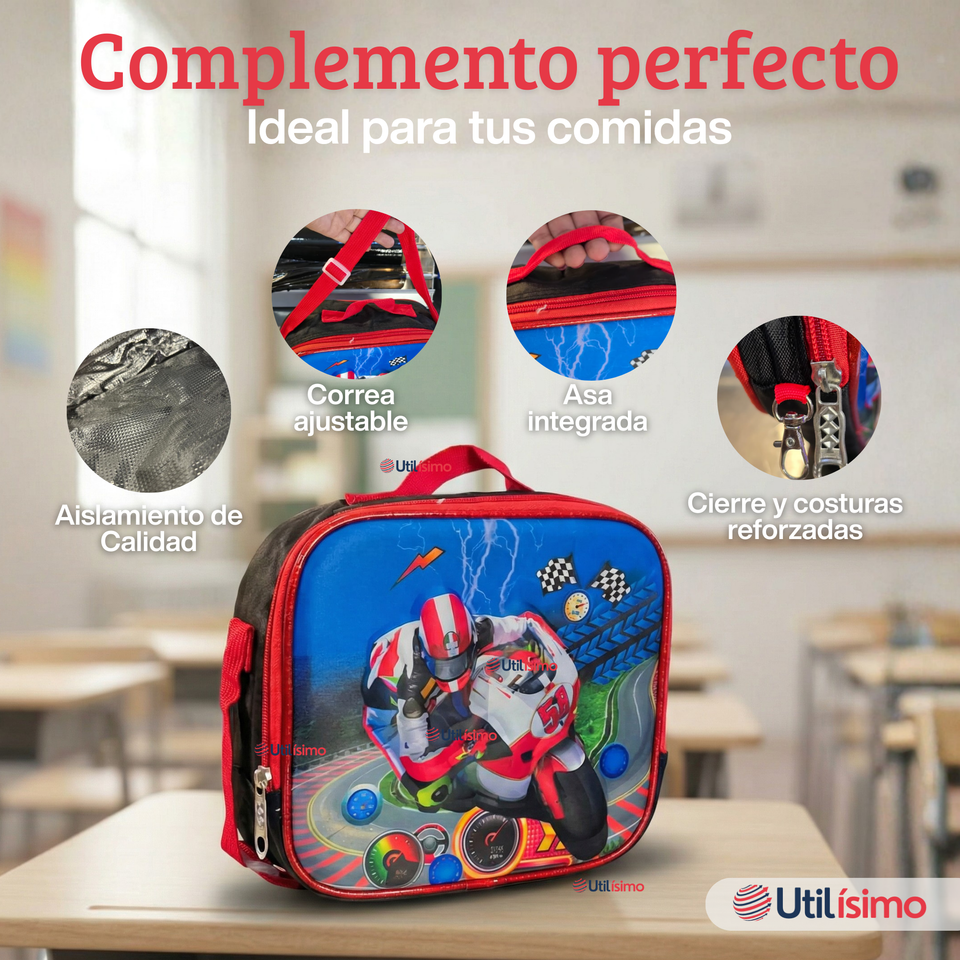 Mochila Escolar Con Ruedas Desmontables Diseño 3D + Estuche + Lonchera Niño Poliéster Motorcycle