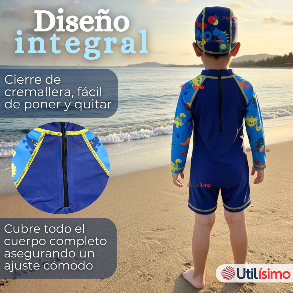 Traje de Baño Enterito Cremallera Manga Corta Con Gorro Niño 2 a 4 años Blue Dinosaur