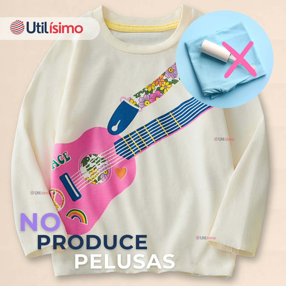 Polera Manga Larga Niña 100% Algodón Guitarra Blanco Camiseta
