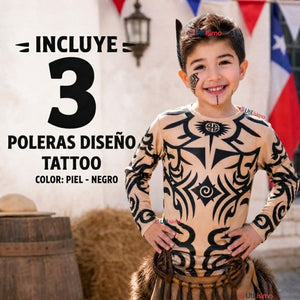 Pack 3 Poleras Tatuaje Falso Efecto Piel Niño Rapa Nui Baile Pascuense