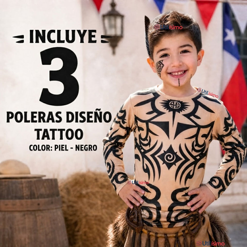 Pack 3 Poleras Diseño Tattoo Niño Rapa Nui Estilo Pascuense Traje Danza