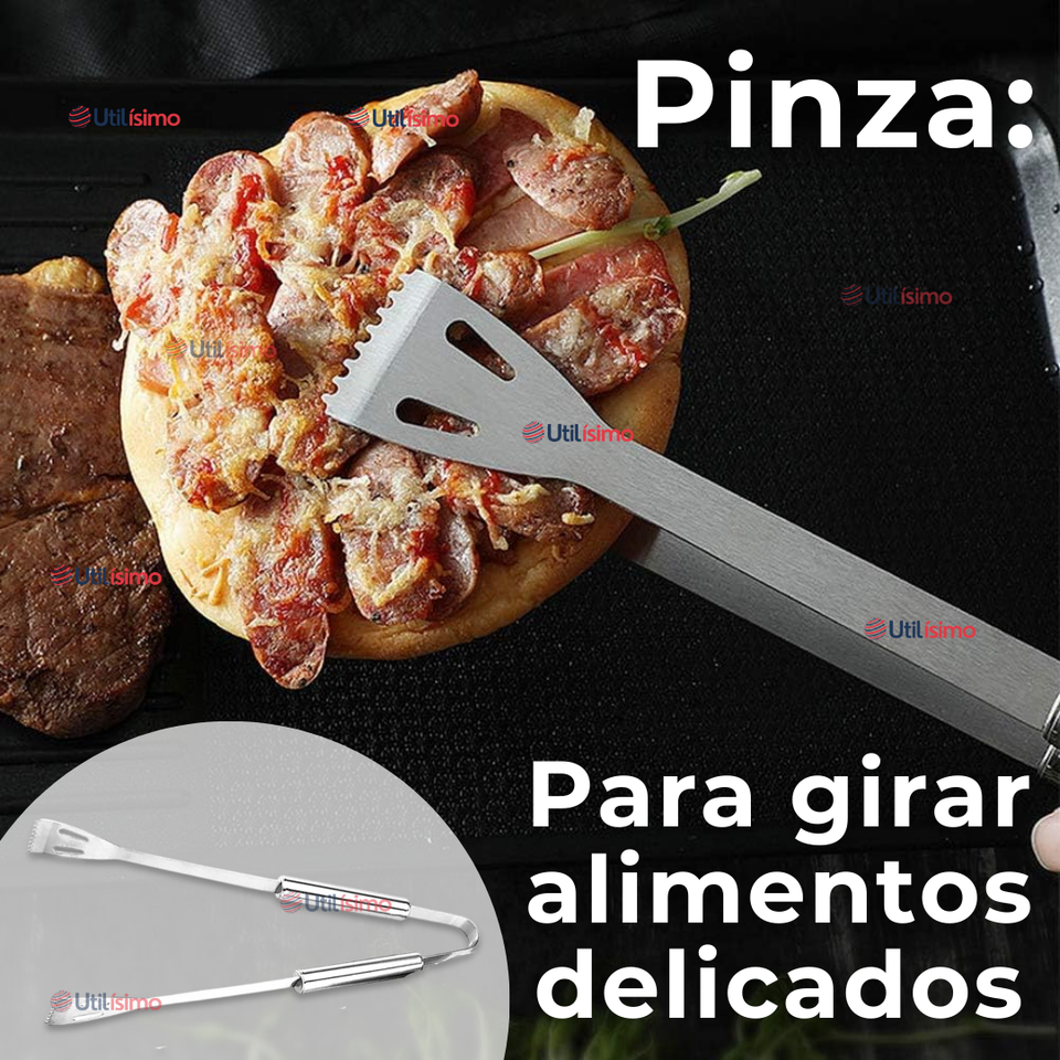 Kit Parrillero 3 Piezas Pinza Espátula Tenedor Para Asados Acero Inoxidable