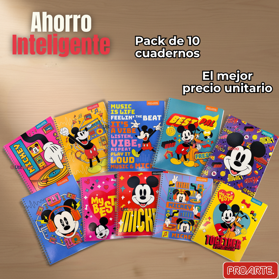 Pack 10 Cuadernos Universitarios Mickey Mouse Proarte 7mm 100 Hojas Diseños Surtidos