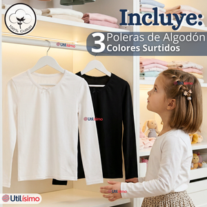 Pack 3 Camisetas Poleras Algodón Cuello Redondo Primera Capa Manga Larga Colores Surtidos Niña