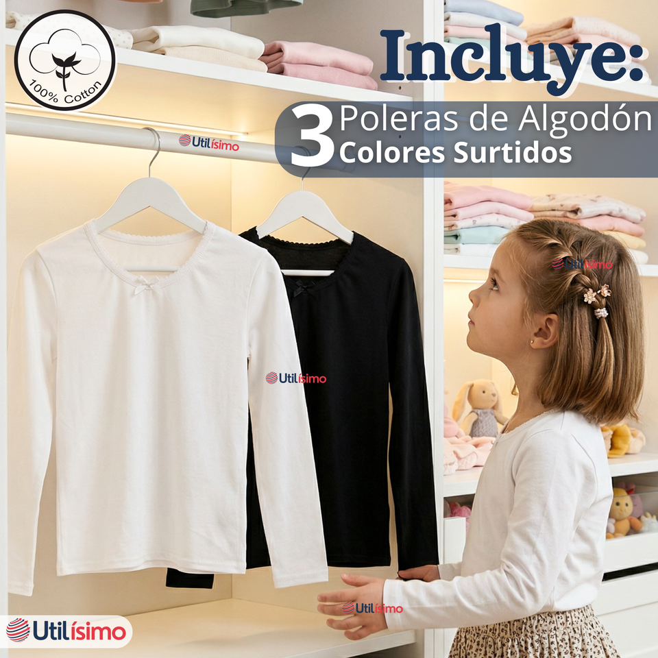 Pack 3 Camisetas Poleras Algodón Cuello Redondo Primera Capa Manga Larga Colores Surtidos Niña
