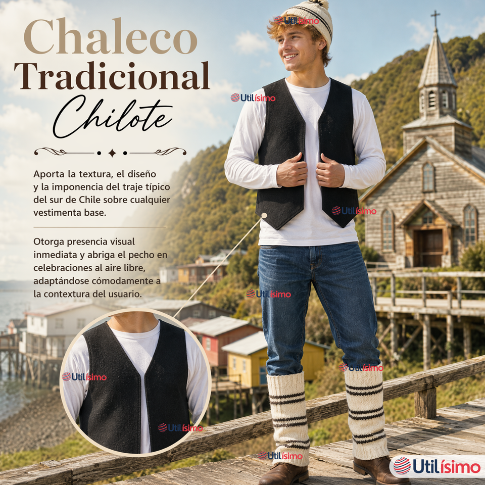 Vestimenta Chilote 3 Piezas Chaleco Gorro Polainas Hombre Fiestas Patrias