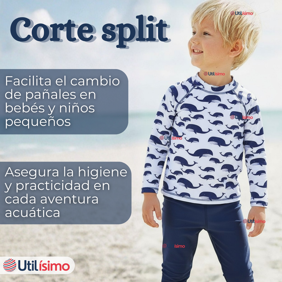 Traje de Baño Manga Larga Pantalón Largo 2 Piezas Corte Split Niño 3 a 9 años White Whale