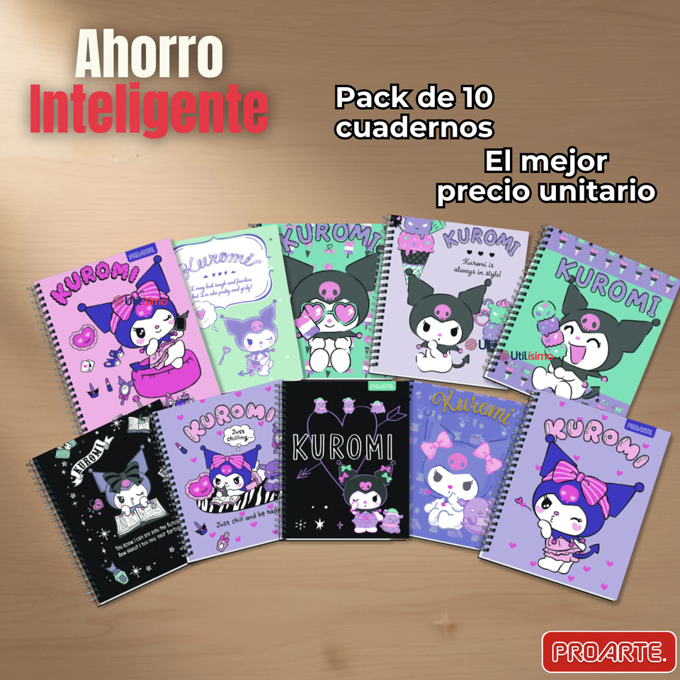 Pack 10 Cuadernos Universitarios Kuromi Proarte 7mm 100 Hojas Diseños Surtidos
