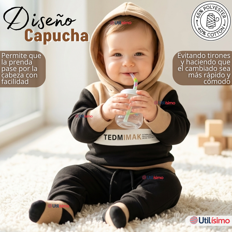 Conjunto 2 Piezas Buzo Pantalón Y Polerón Con Capucha Negro Bebé Niño
