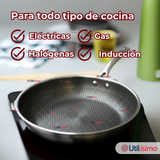 Sartén Acero Inoxidable Antiadherente 28cm +Cuchara de Madera de Bambú