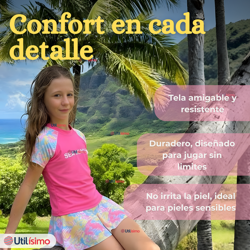 Traje De Baño Manga Corta y Pantalón Corto Con Falda 2 Piezas Niña de 6 a 13 Años Pink Beach