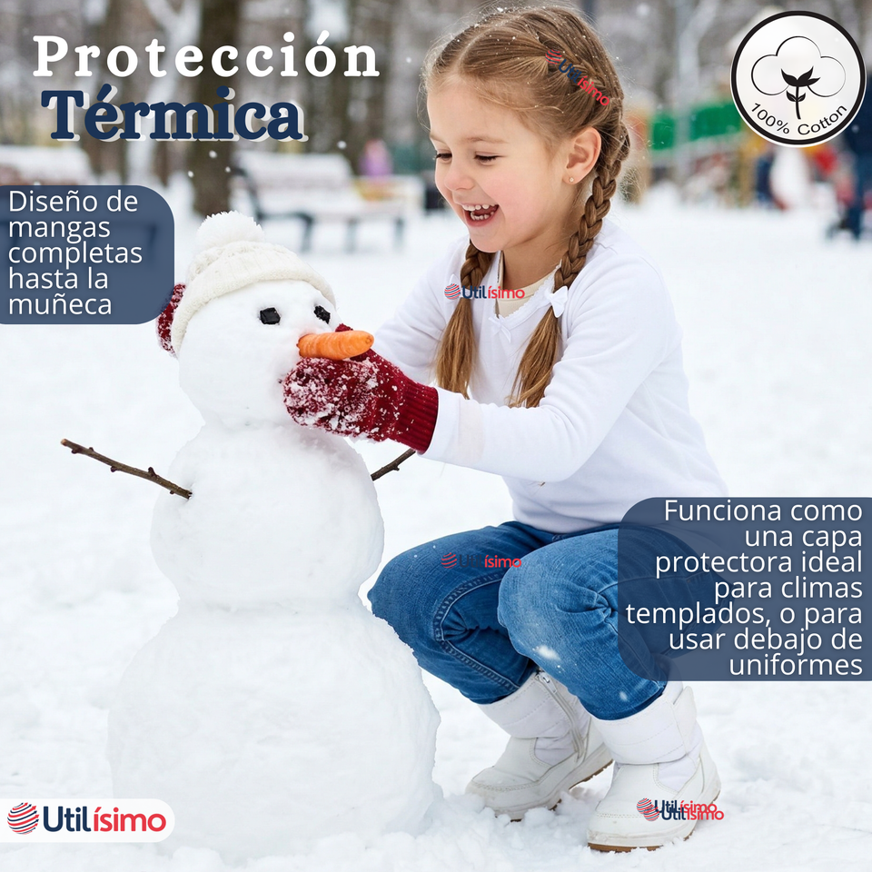 Pack 3 Camisetas Poleras Algodón Cuello Redondo Blanca Primera Capa Manga Larga Niña